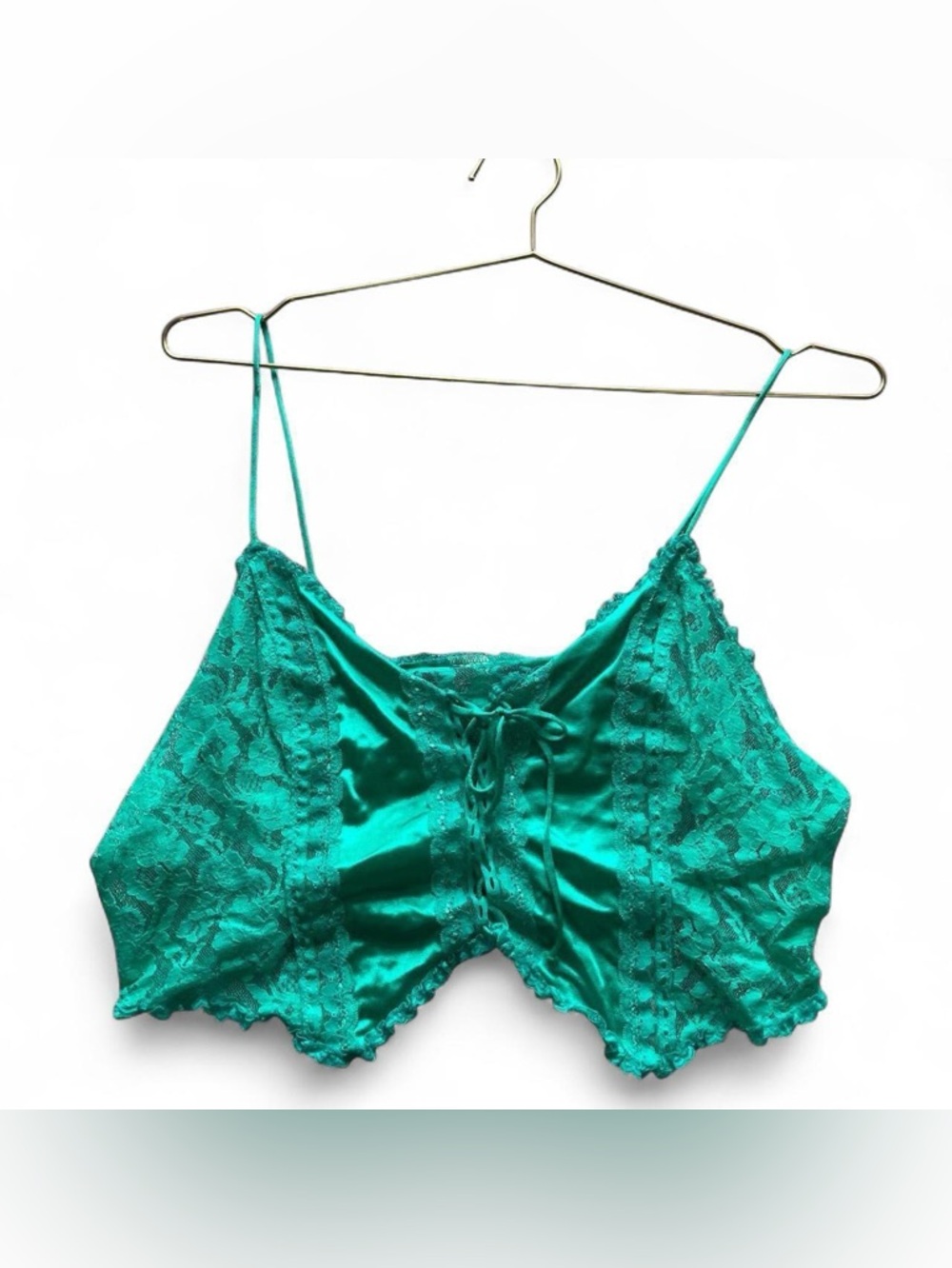 Vintage Teal Lace Bralette Camisole – Y2K Coquette Lace-Up Crop Top (S)